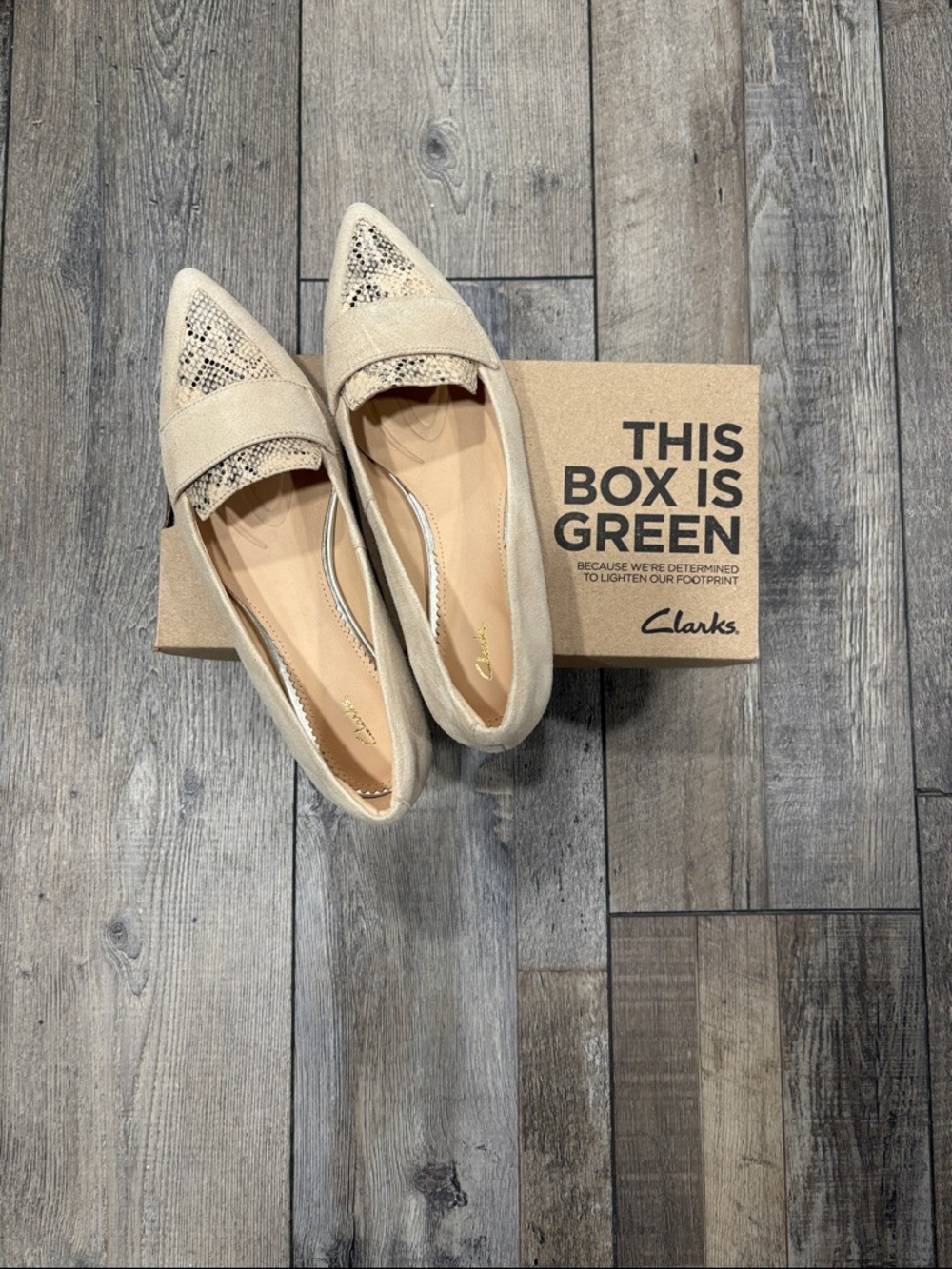 NWT! Clarks Women's Taupe Pointed-Toe Slip-On Loafers with Snakeskin-Print